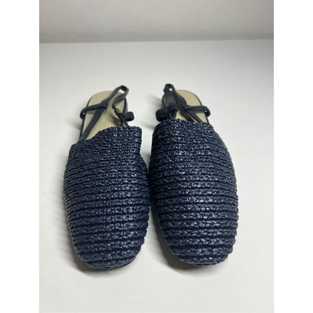 Jasmin Navy Blue Stretch Macrame  Leather Combination Flat Heel Sling Back Slip